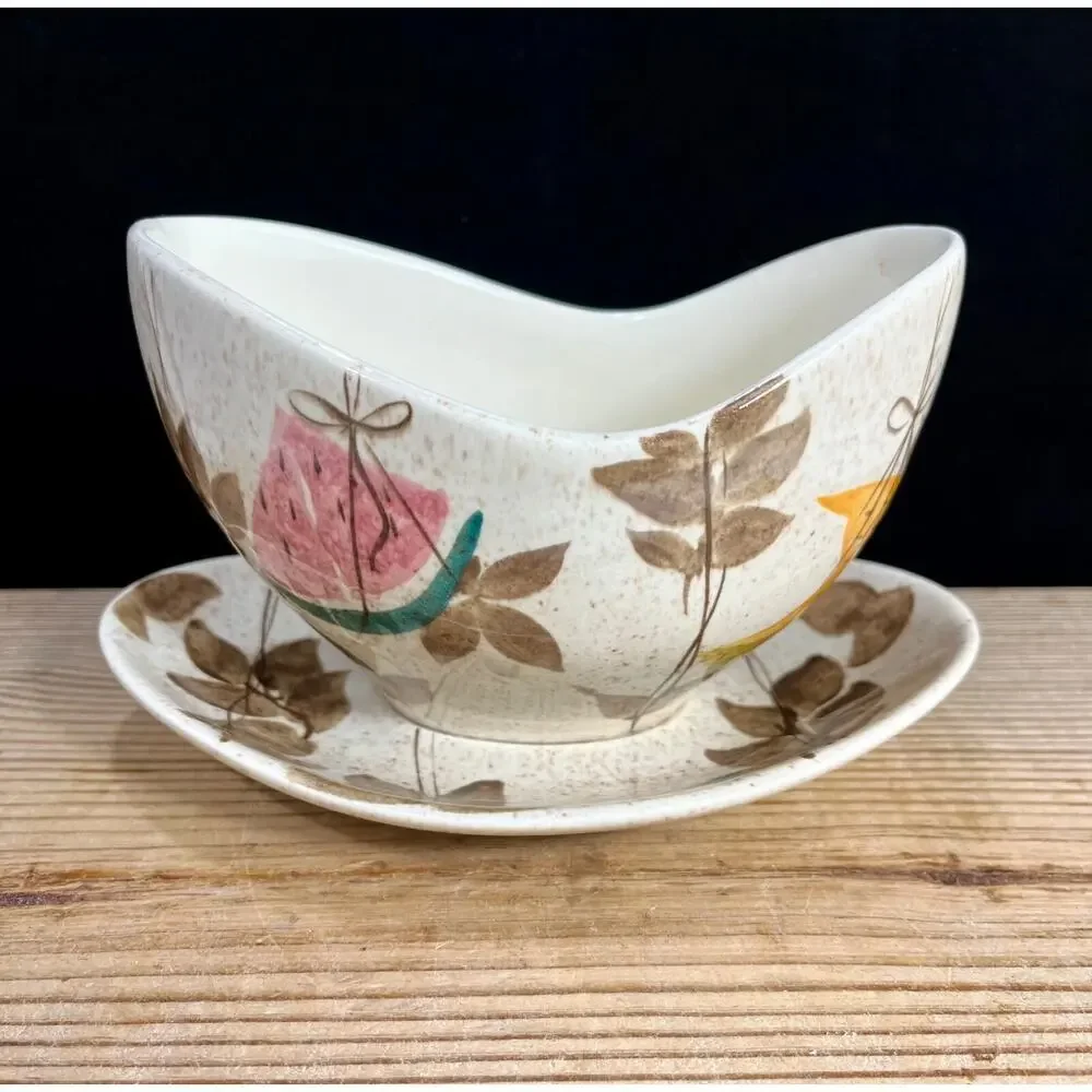 Vintage Red Wing Pottery Tampico Hand Painted Gravy Boat Underplate set
